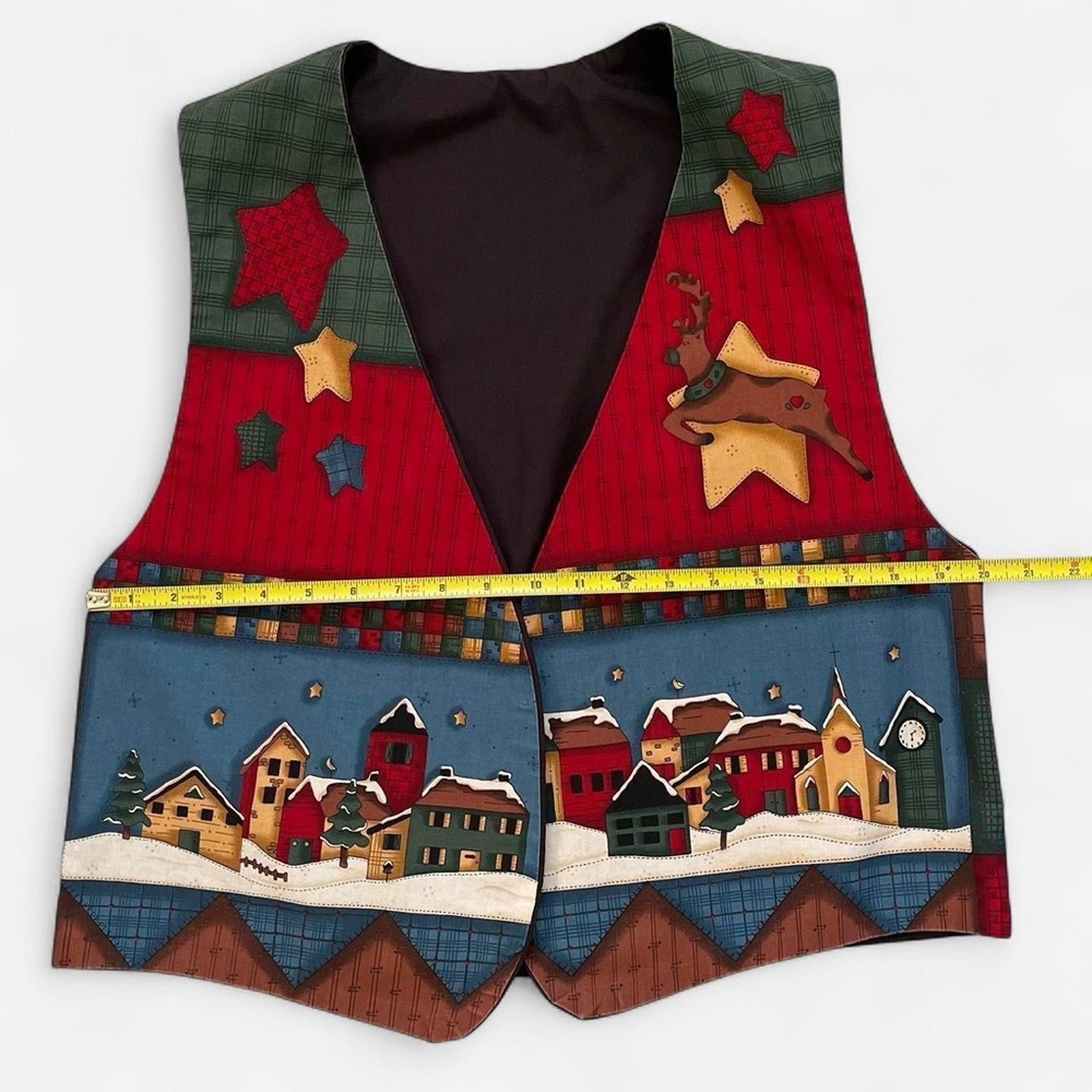 Vintage Handmade Christmas Holiday Santa Reindeers Christmas Scene Vest - Picture 2 of 4